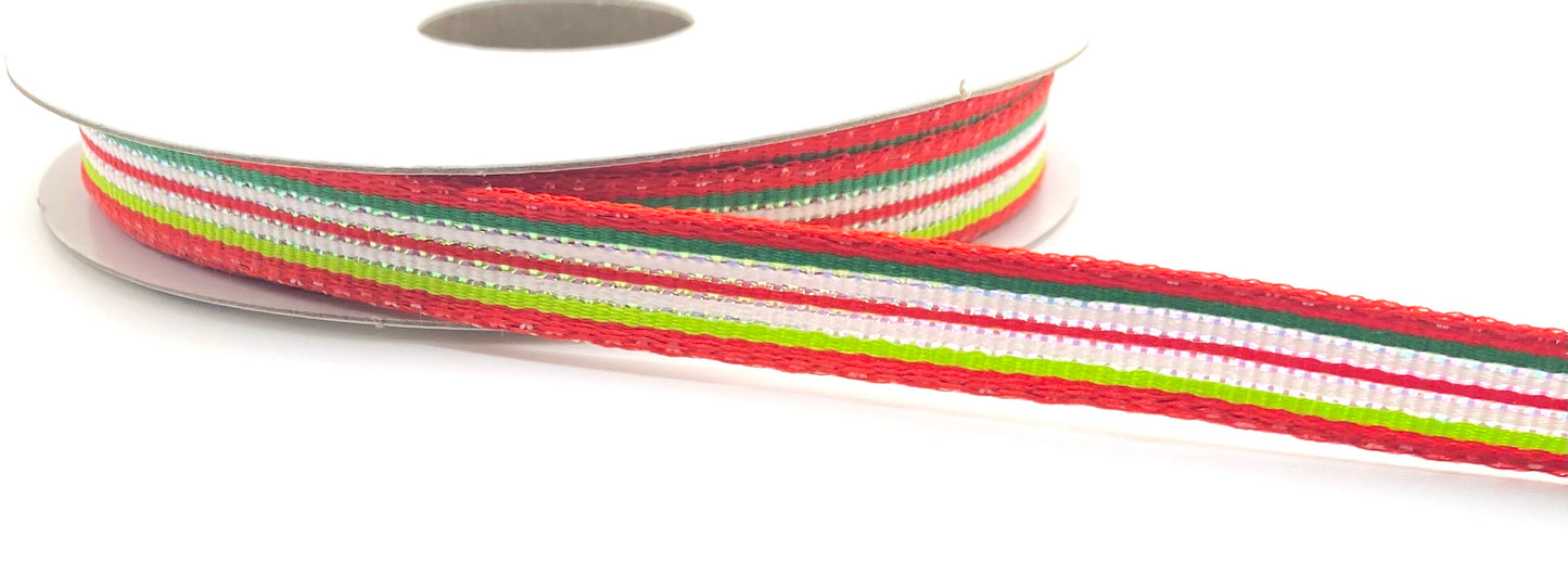 10 Yards - 3/8” Wired Red Lime Hunter White Iridescent Stripes Ribbon