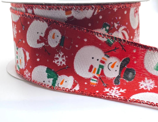 10 Yards - 1.5” Wired Red Satin Snowmen in Winter Ribbon