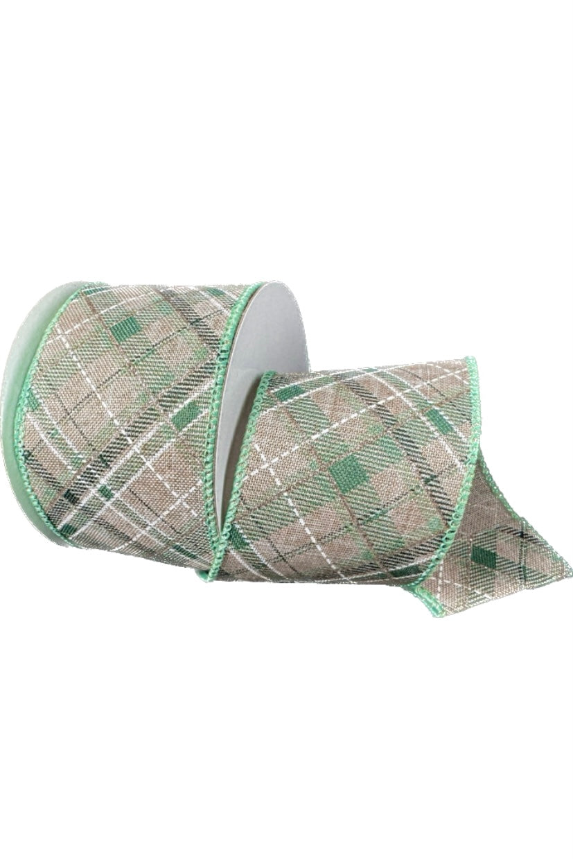 Wired Natural Linen Sage, Hunter, Champagne Diagonal Argyle Plaid-2.5”x 10 Yards