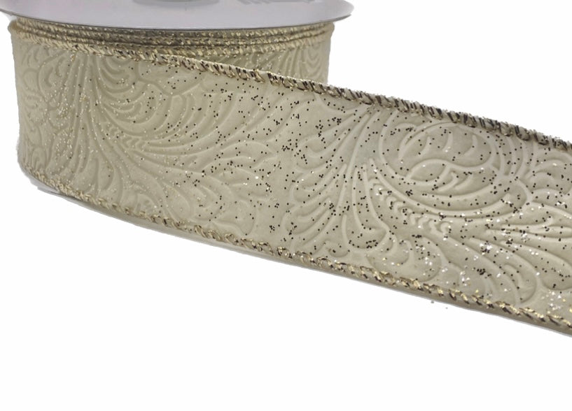 10 Yards - 1.5” Wired Ivory Champagne Glittered Floral Embossed Ribbon