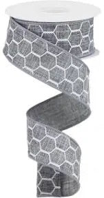 10 Yards - 2.5” Wired Gray and White Chicken Wire Print Ribbon