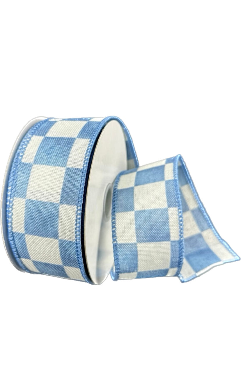 Wired Ivory Linen Dusty Blue Watercolor Check Ribbon- 1.5”x 10 Yards