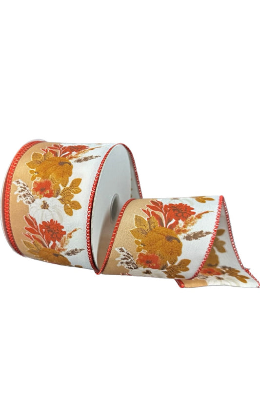 Wired Fall Pumpkins and Leaves on Satin Ribbon- 2.5”x10 Yards