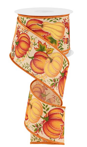 Wired Light Orange Pumpkins, Acorn s, and Gourds Fall Ribbon- 2.5x10 Yards