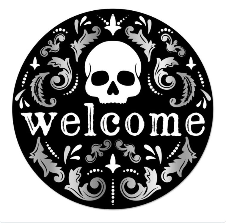 12” Round Metal Welcome Skull Wreath Sign