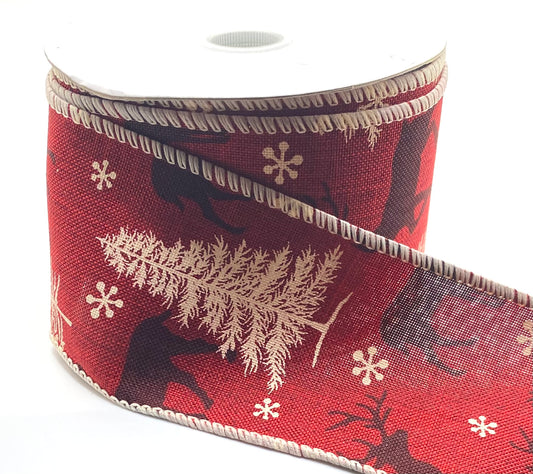 10 Yards - 2.5" Wired Burgundy with Deer, Trees and Snowflake Ribbon