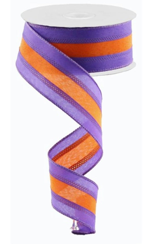 10 Yards - 1.5” Wired Purple and Orange Stripe Satin Ribbon