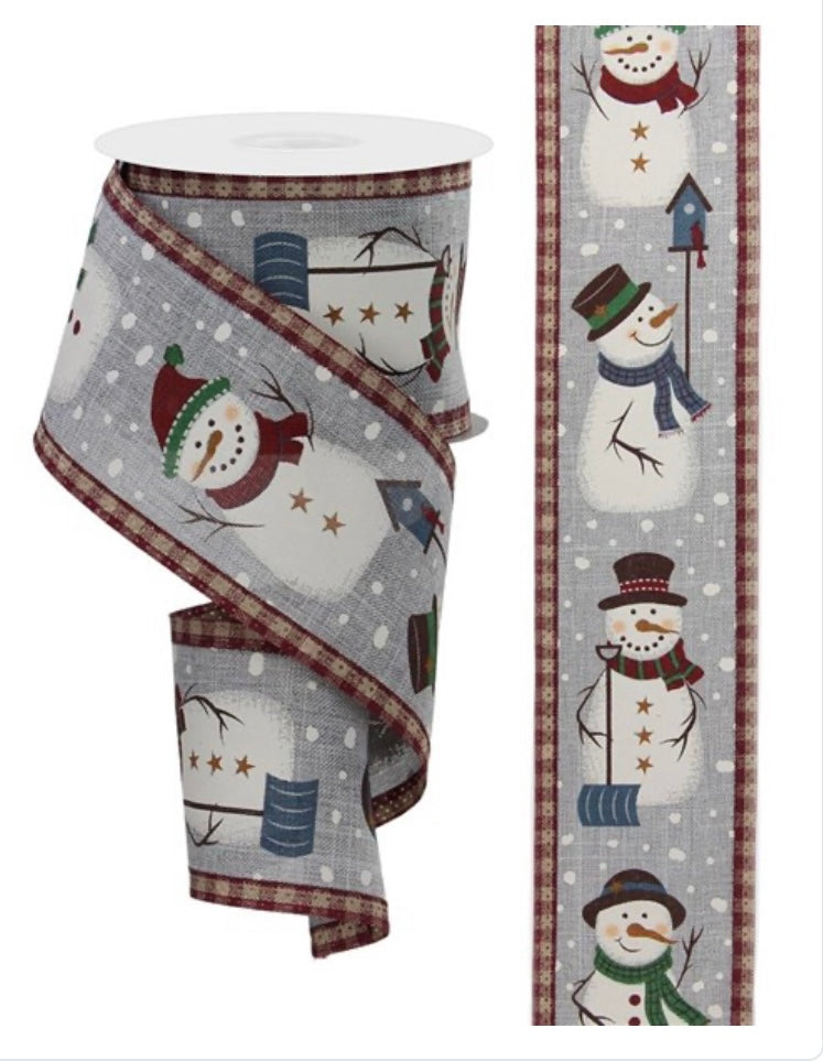 10 Yards - 2.5” Wired Gray Background Gingham Edge Snowman  Ribbon