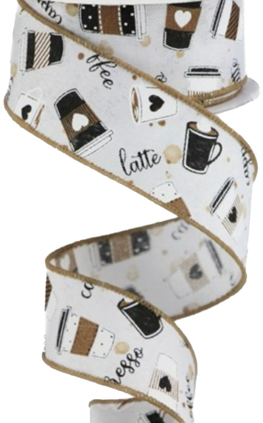 10 Yards - 1.5” Wired Coffee and Latte White Background Ribbon