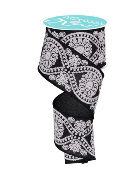 10 Yards - 2.5” Wired Black and White Deluxe Wavy Floral Ribbon