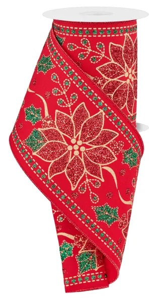 Wired Poinsettia Ornament Ribbon- 4”x10 Yards