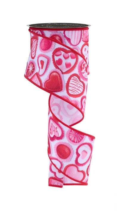 Wired White Background Pink and Red Hearts Valentines Day Ribbon- 2.5”x10 Yards