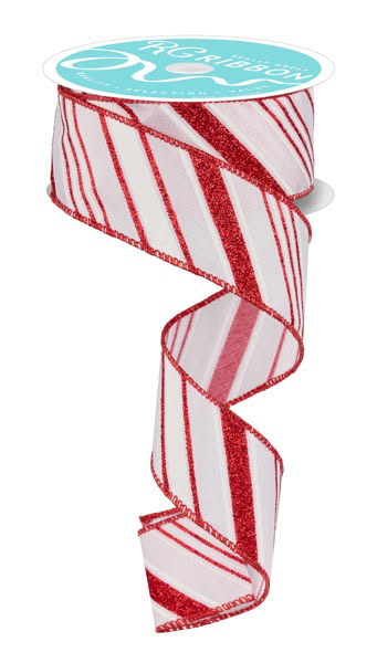 Wired White with Red Glitter Swirl Stripe Ribbon- 1.5”x10 Yards