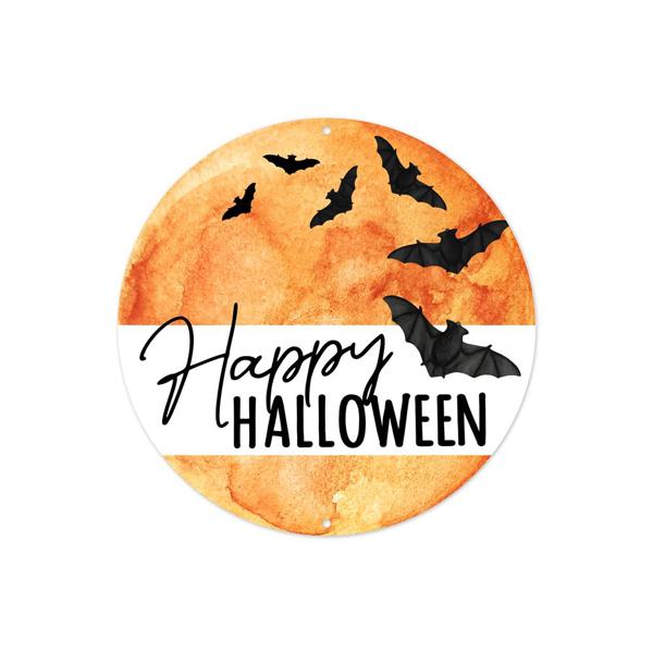 8” Round Metal Happy Halloween Bat Wreath Sign