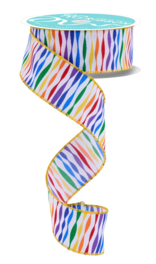 10 Yards- 1.5” Wired Twisted Stripe Rainbow Ribbon