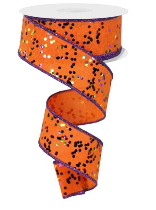 10 Yards - 1.5” Wired Orange Multi Glitter Dot Ribbon