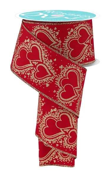 Wired Red with Gold Hearts Ribbon-2.5”x10 Yards