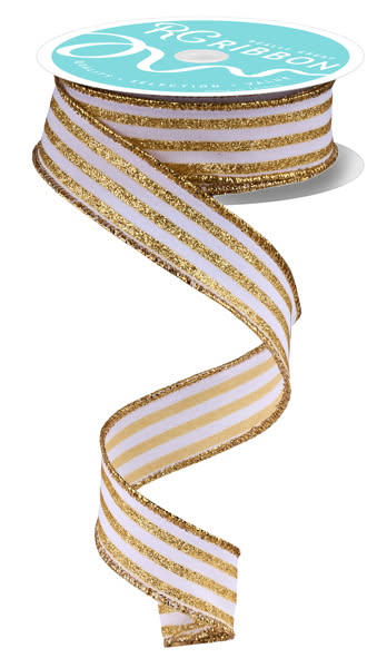 Wired White and Gold Vertical Stripe Glitter Accent Ribbon- 7/8”x10 Yards
