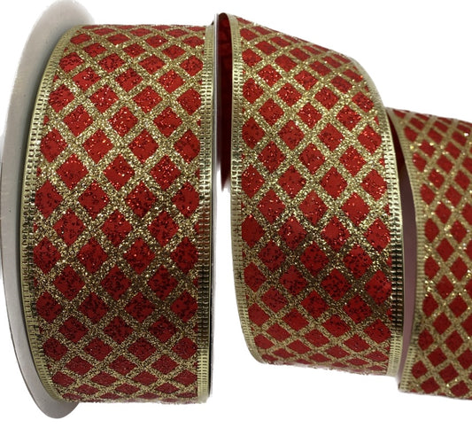 50 Yards - 2.5" Wired Red Satin with Gold Glitter and Gold Metallic Edge Ribbon