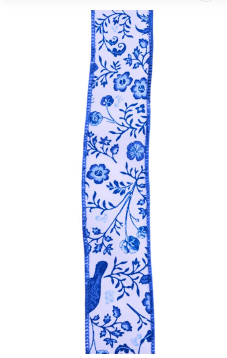 10 Yards - 1.5" Wired Blue and White Floral and Blue Bird Ribbon