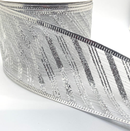 10 Yards - 2.5” Wired Silver Sheer Silver Glitter Diagonal Stripe Ribbon