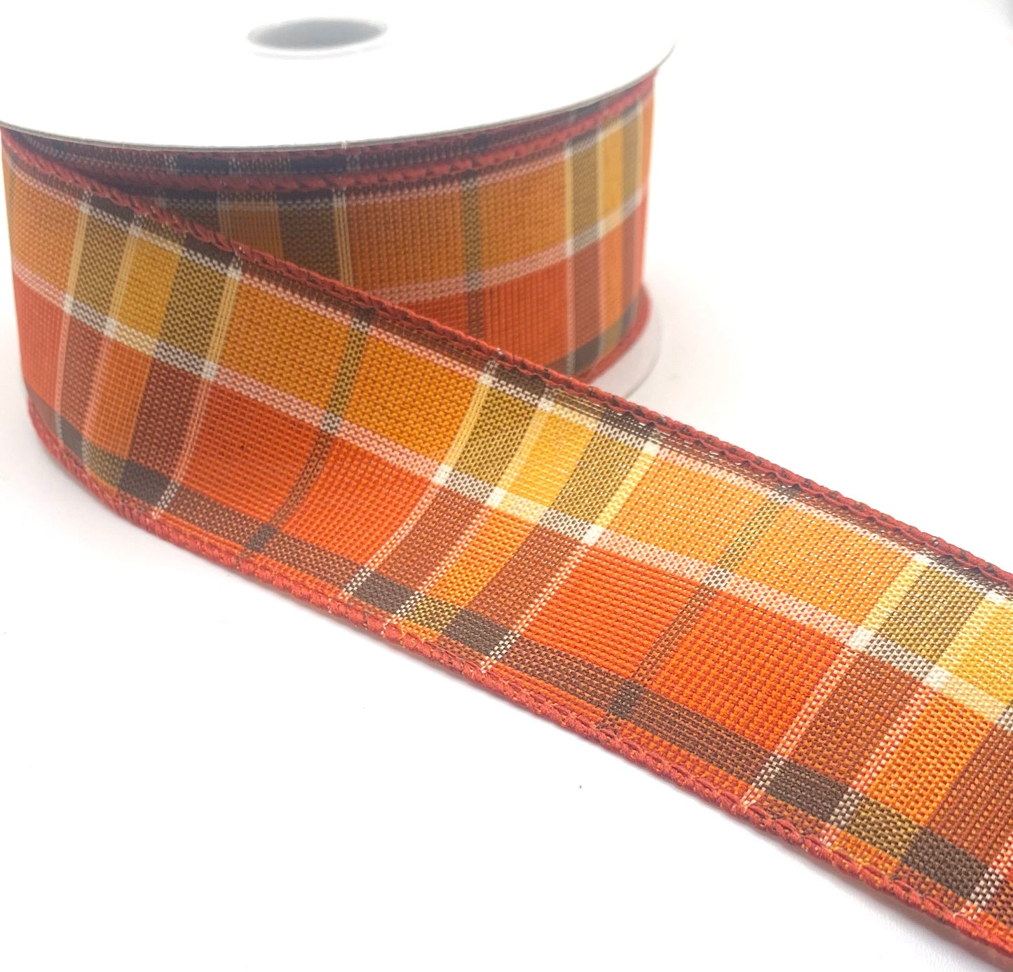 10 Yards - 1.5” Wired Orange Yellow White Brown Fall Plaid Ribbon