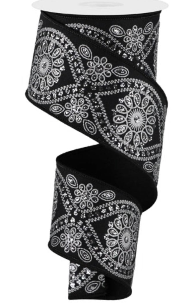 10 Yards - 2.5” Wired Black and Silver Accent Deluxe Wavy Floral Ribbon