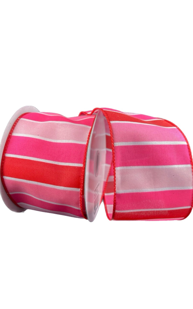 10 Yards - 2.5" Wired Pink Red White  Wide Stripe Ribbon