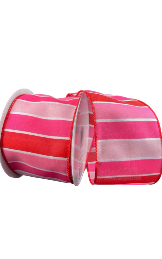 10 Yards - 2.5" Wired Pink Red White  Wide Stripe Ribbon