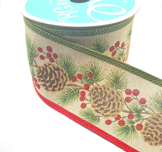 10 Yards - 2.5” Wired Pine Cones, Needles, and Berries Ribbon