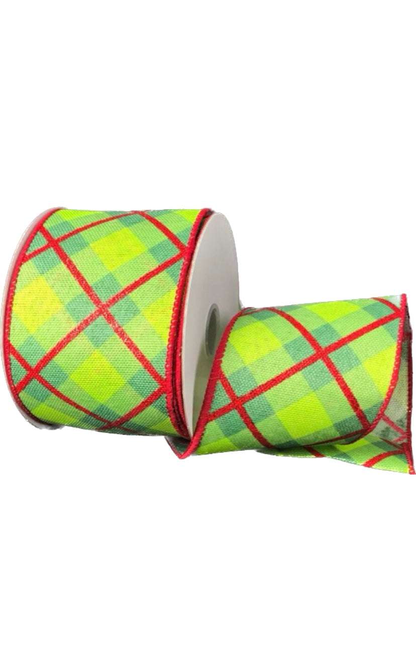 Wired Green Cross Check with Glitter Red Stripe on Poly Linen Ribbon- 2.5”x10 Yards