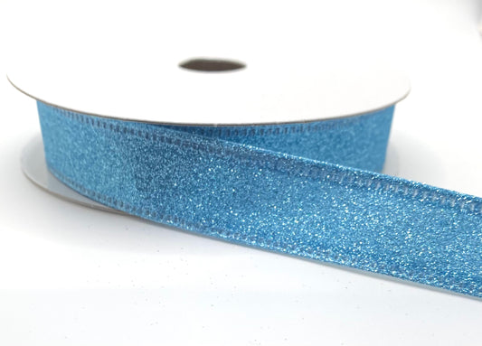 10 Yards - 7/8" Wired Light Blue All Flat Glitter Ribbon