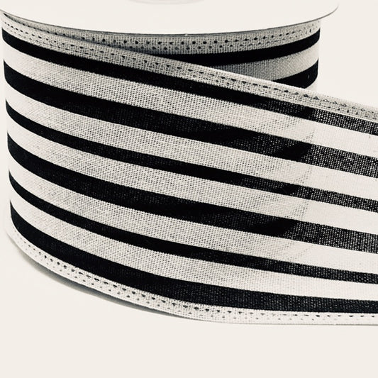 10 Yards - 2.5” Wired Black and Cream Stripe Ribbon