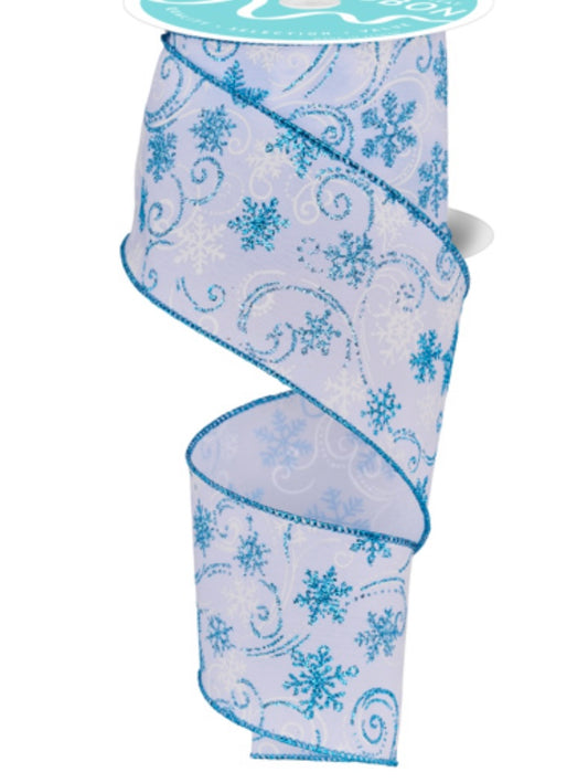 10 Yards - 2.5” Wired Snowflake and Swirls Winter Ribbon