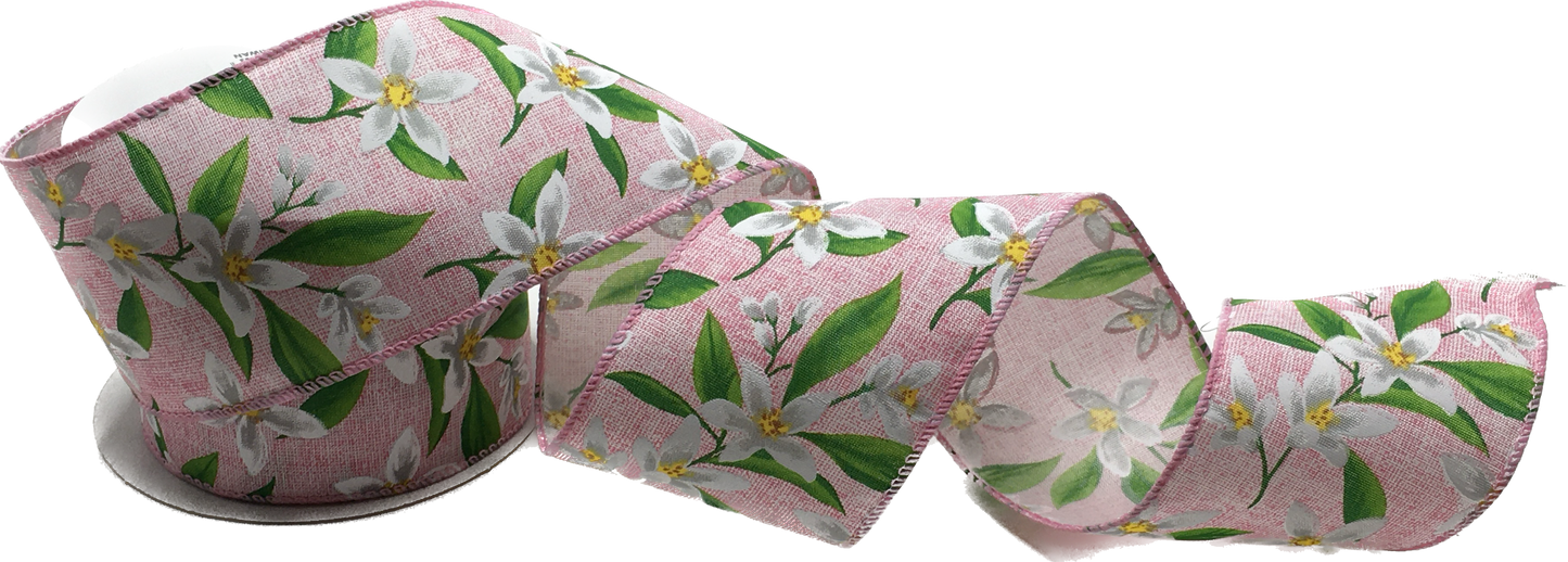 10 Yards - 2.5” Wired White Lilly Flowers on Pink Background Ribbon