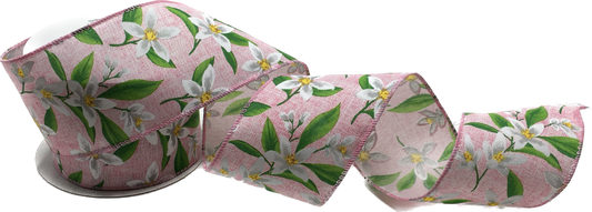 10 Yards - 2.5” Wired White Lilly Flowers on Pink Background Ribbon