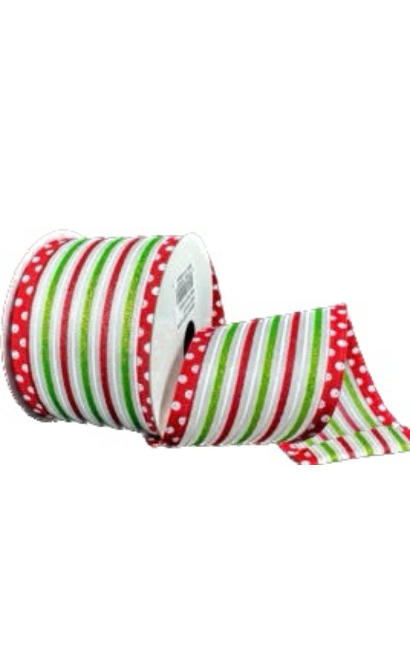Wired White Satin Emerald and Red Stripe White Dot Edge Ribbon- 2.5”x10 Yards
