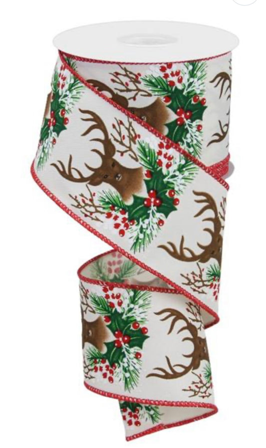 10 Yards - 2.5" Wired Deer Poinsettia Holly on Royal Ribbon