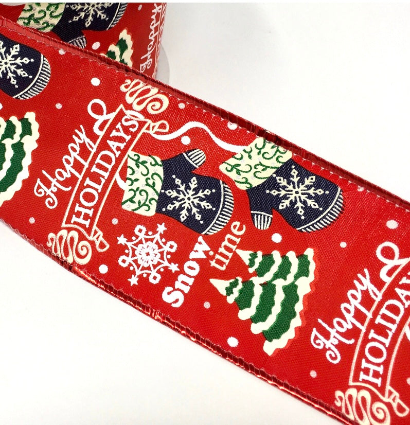 10 Yards - 2.5” Wired Red Mittens and Trees Happy Holidays Ribbon