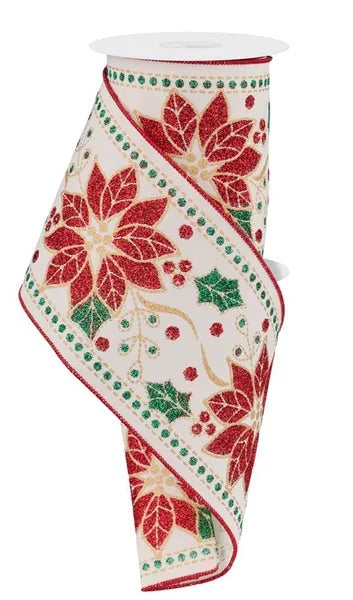 Wired Poinsettia Ornament Ribbon- 4”x10 Yards