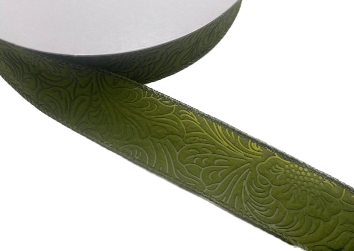 50 Yards - 1.5” Wired Olive Green Floral Design Embossed Ribbon