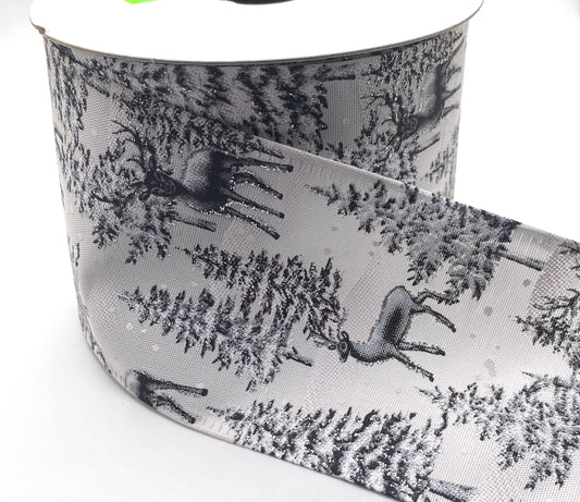 10 Yards - 2.5" Wired White Deer and Trees Reindeer Ribbon