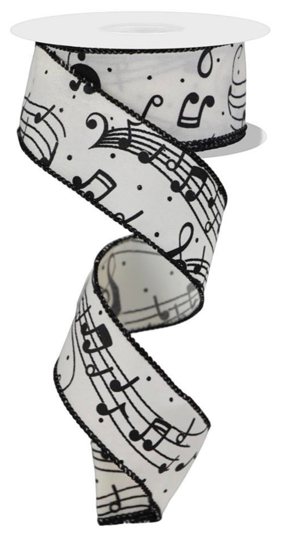 10 Yards - 1.5” Wired Black and Cream Music Note Ribbon