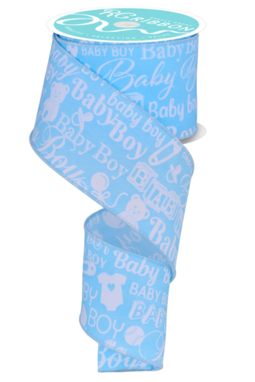 10 Yards- 2.5” Wired Baby Boy Blue and White Ribbon