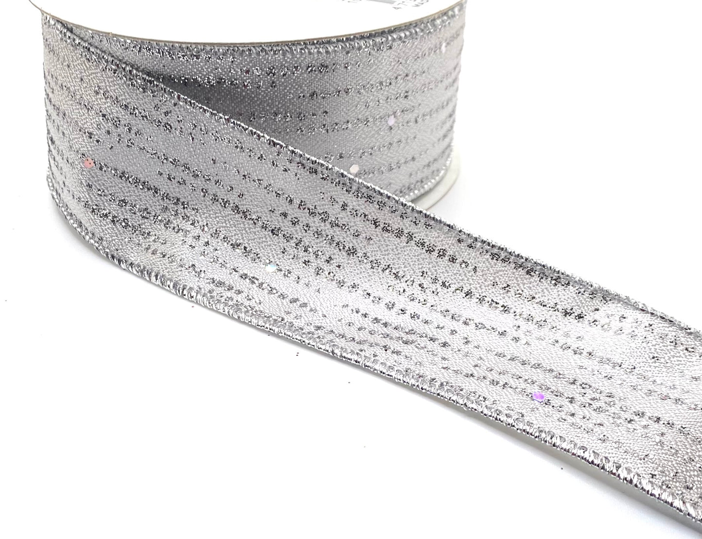 10 Yards - 1.5” Wired Silver Shiny Satin Tiny Glitter Dots Ribbon