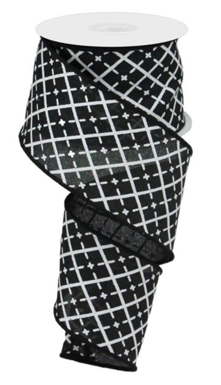 10 Yards - 2.5” Wired Black and White Argyle with Glitter Accent Print Ribbon