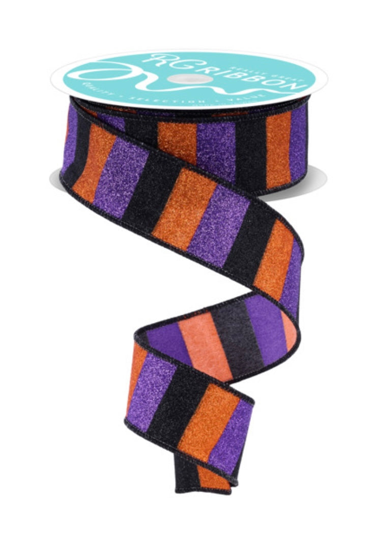 Wired Purple, Black, and Orange Glitter Stripe Ribbon- 1.5”x10 Yards