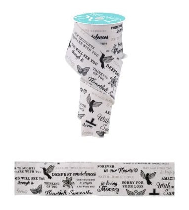 Wired Satin Cream Background Bereavement Ribbon-2.5”x10 Yards