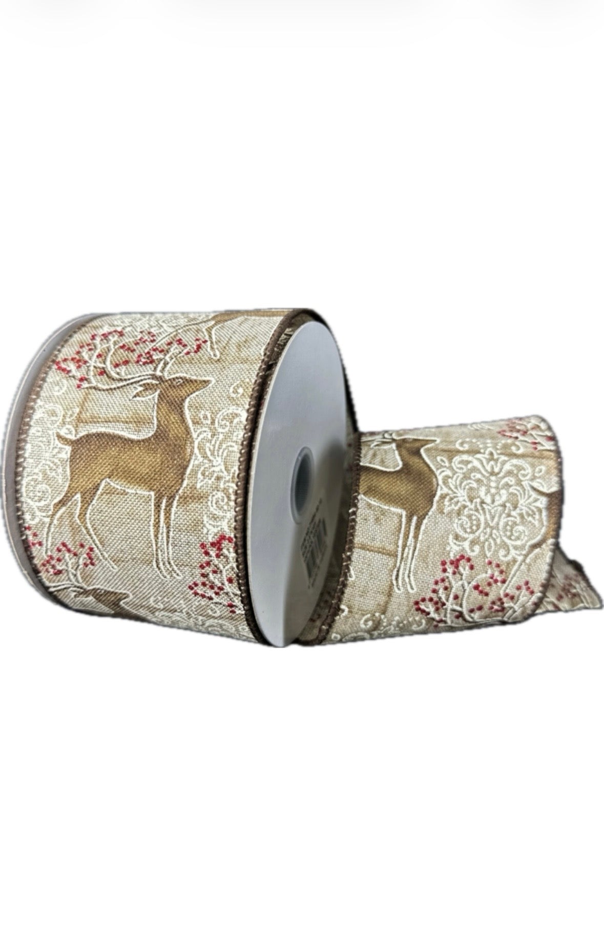 Wired Wood Grain Linen Demask Deer Ribbon-2.5”x10 Yards