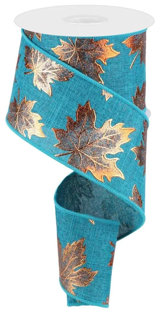 10 Yards - 2.5” Wired Turquoise Blue Background with Orange Foil Fall Leaves Ribbon